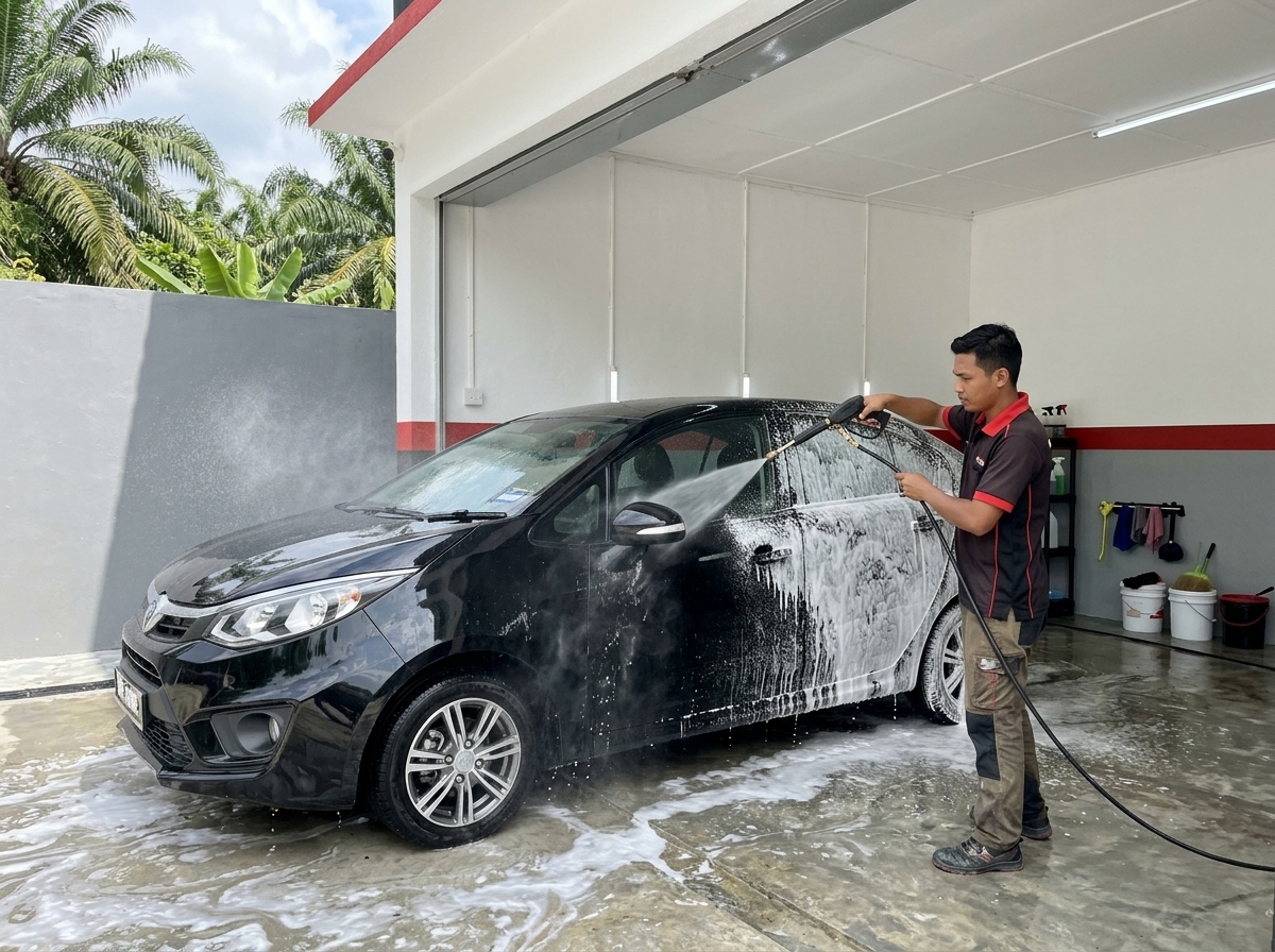 Proses cuci kereta di Firfaiz Garage